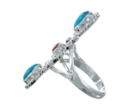 Native American Turquoise Coral Sterling Silver Ring Size 9-1/2 JX130816